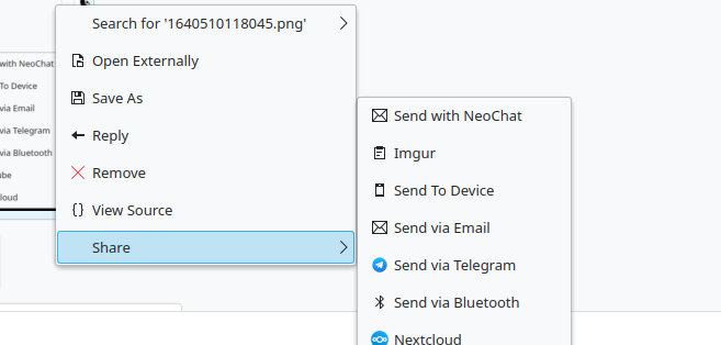 NeoChat share context menu desktop