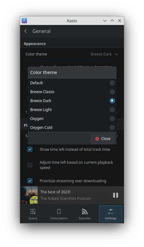 Kasts Color Theme Settings