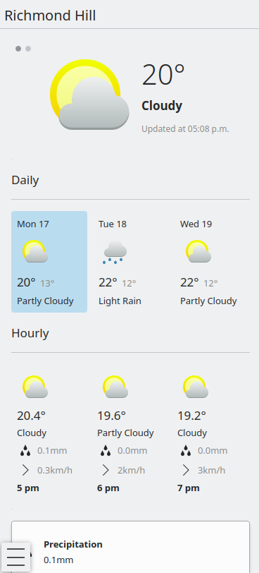 KWeather, the new weather applcation, showing the current weather as "Cloudy" and a daily and hourly forecast